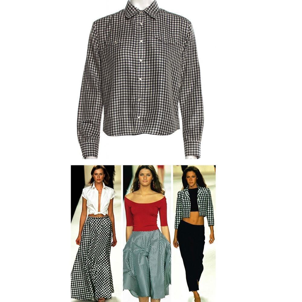 Ralph Lauren Collection Runway 2000 Silk Pearl Snap Button Up Shirt Top Gingham
